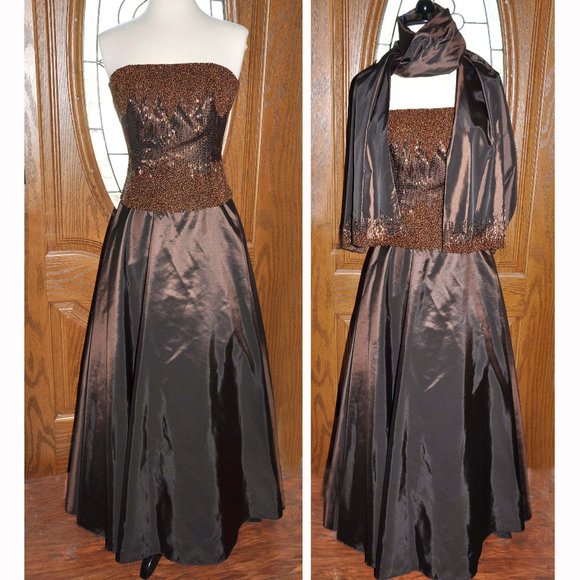 Vintage Jovani Cinnamon Brown Strapless Beaded Formal Evening Gown With Shawl - Picture 1 of 7